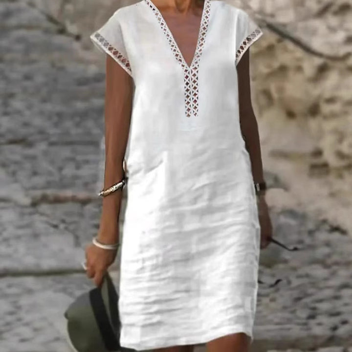 Damen nan leichtes Leinen-Midikleid mit V-Ausschnitt und gehäkeltem Ajourbesatz Echo Archiv
