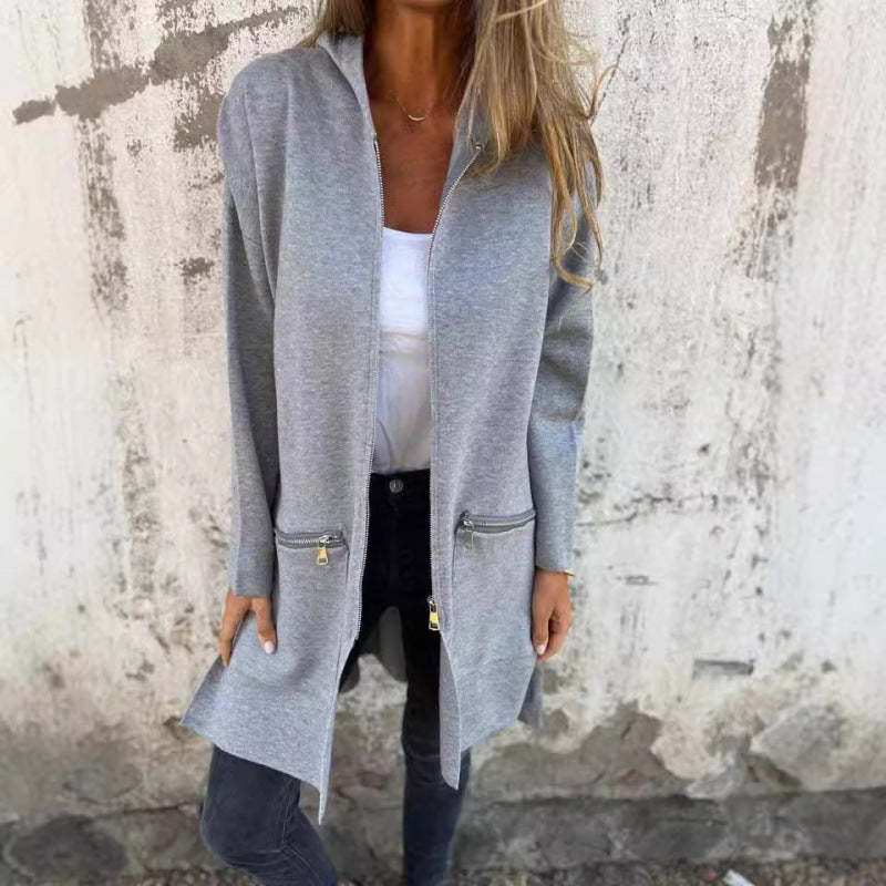 Damen Kapuzen-Longcardigan mit durchgehendem Reißverschluss und Ziertaschen Echo Archiv