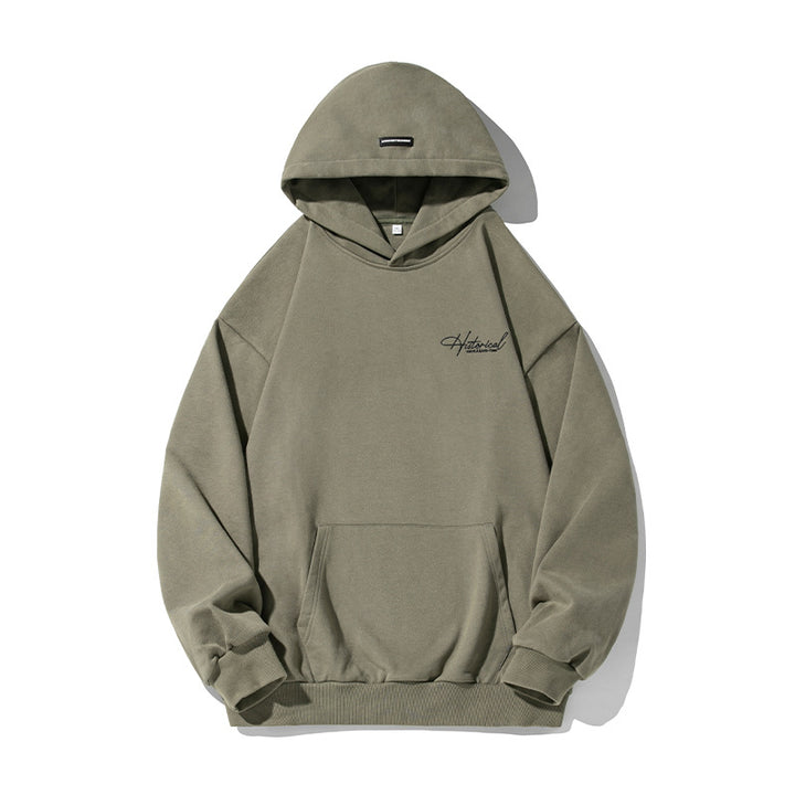 Unisex Komfort-Kapuzenpullover mit verlängertem Rückenteil, Raglanärmeln und Script-Stickerei Echo Archiv