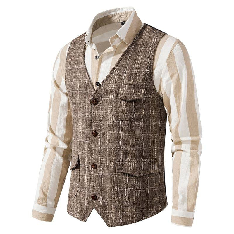 Herren nan kariertes Wollmix Gilet mit Brusttasche und aufgesetzten Seitentaschen Echo Archiv