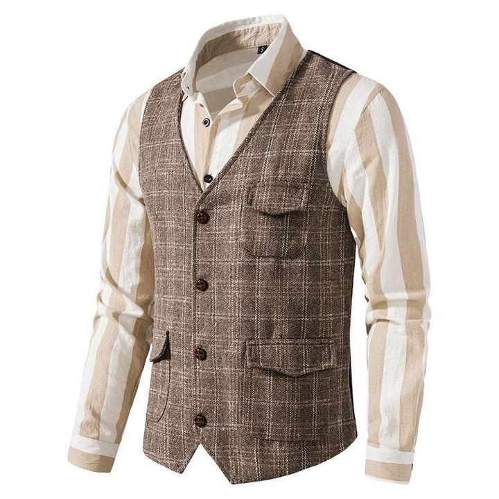 Herren nan kariertes Wollmix Gilet mit Brusttasche und aufgesetzten Seitentaschen Echo Archiv