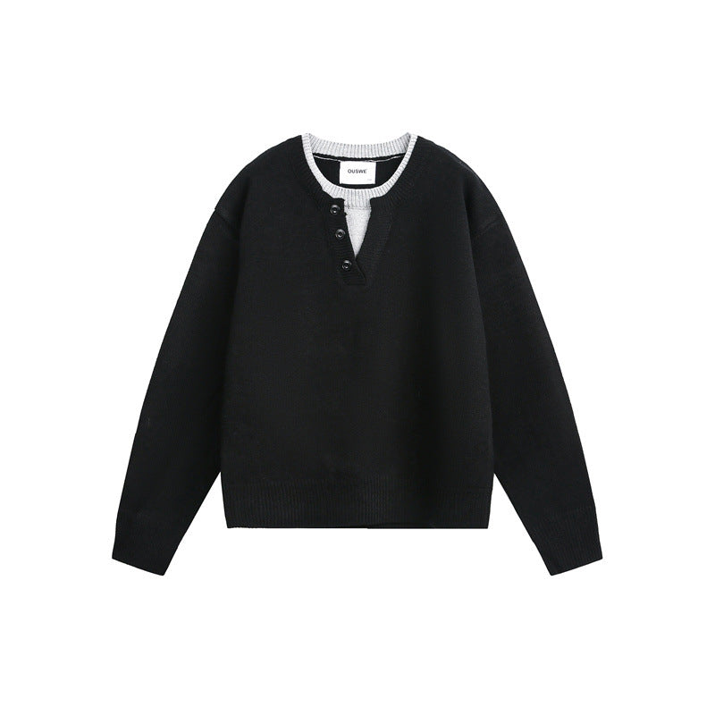 Unisex Grobgestrickter Pullover mit V‑Knopfleiste und Lagenkragen Echoarchiv