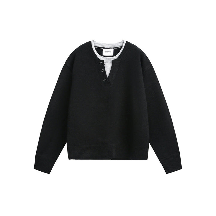Unisex Grobgestrickter Pullover mit V‑Knopfleiste und Lagenkragen Echoarchiv
