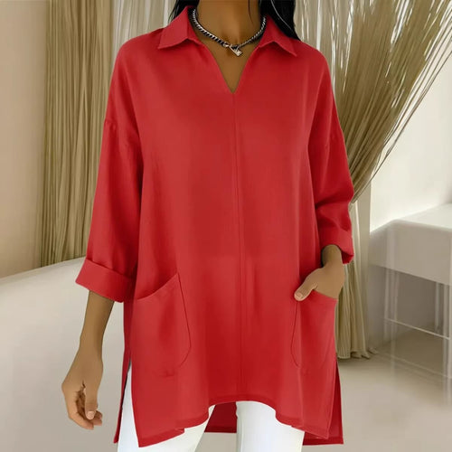 Damen Oversize-Tunika mit Hemdkragen, V-Ausschnitt und aufgesetzten Taschen Echo Archiv