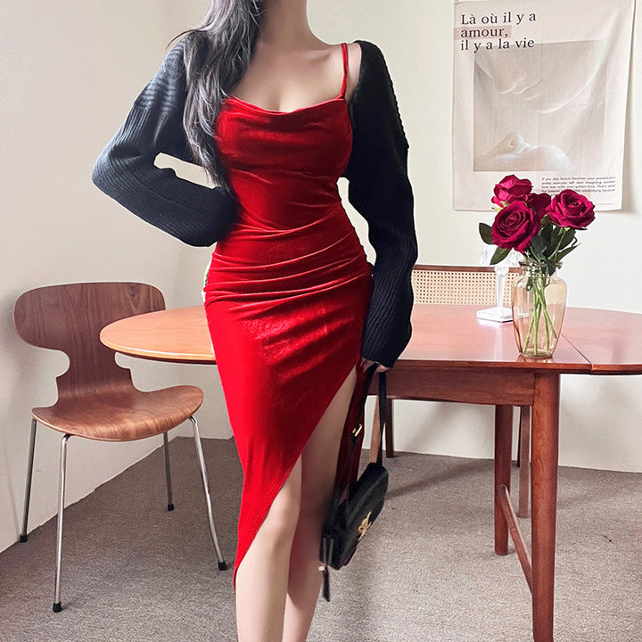 Damen elegantes Wickelkleid mit hohem Schlitz und schmalen Trägern Echo Archiv