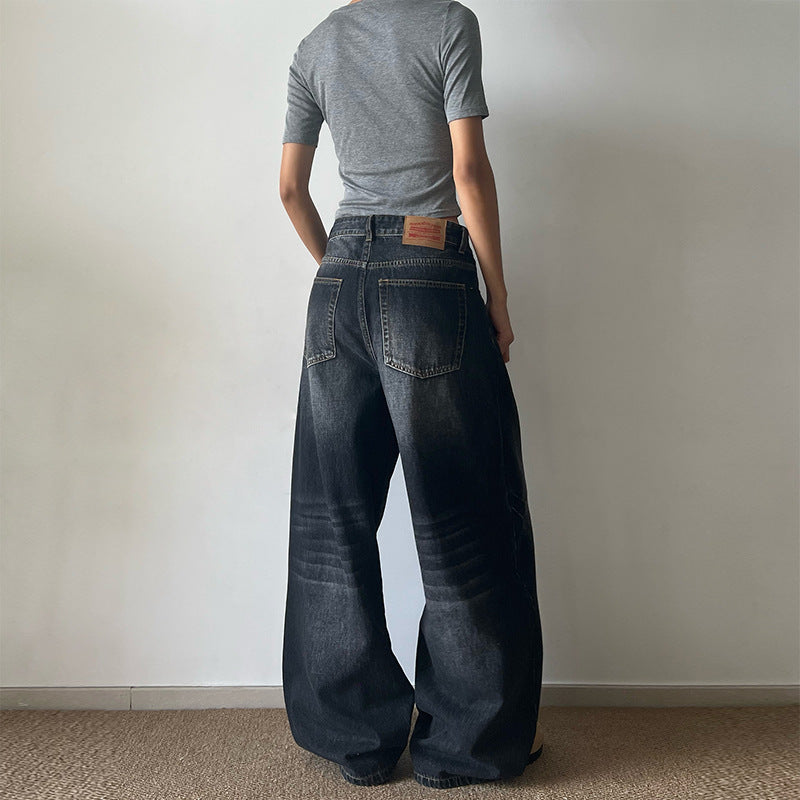 Damen Ultraweite Vintage-Denim Marlene-Jeans mit soften Used-Falten und bodenlangem Saum Echo Archiv