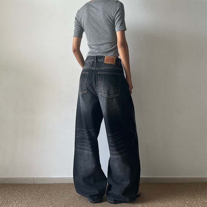 Damen Ultraweite Vintage-Denim Marlene-Jeans mit soften Used-Falten und bodenlangem Saum Echo Archiv