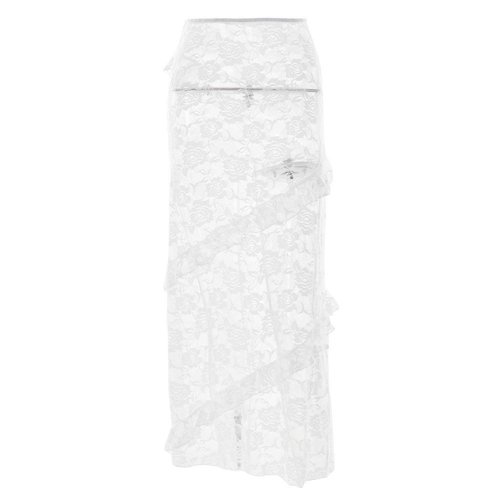 Damen Lange Spitzenrock mit asymmetrischem Rüschenverlauf und eleganter Blumenspitze Echo Archiv