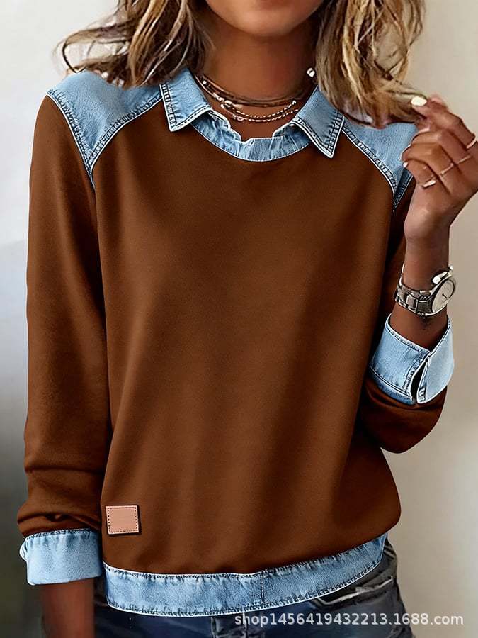 Damen nan gerippter Strickpullover mit Jeanskragen und Knopfleiste Echo Archiv