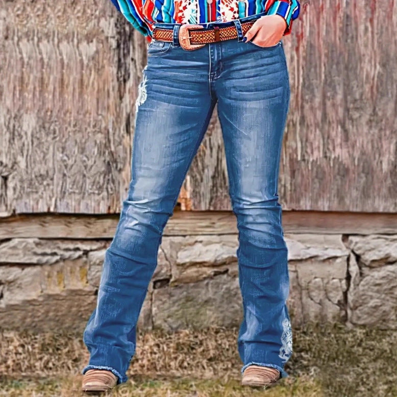 Damen Bootcut-Jeans im Western‑Stil mit dekorativer Stickerei und Used‑Effekt Echo Archiv