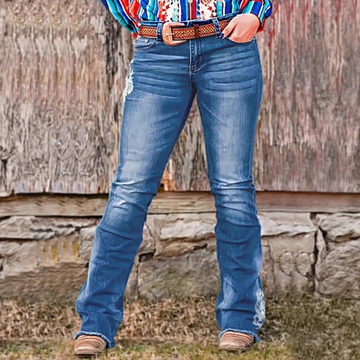 Damen Bootcut-Jeans im Western‑Stil mit dekorativer Stickerei und Used‑Effekt Echo Archiv