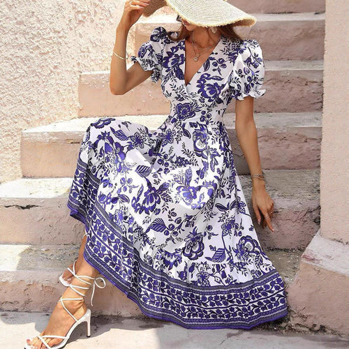 Damen nan tailliertes Boho-Maxikleid mit Wickeloptik V-Ausschnitt Puffärmeln und Bordüren-Stufenrock Echo Archiv