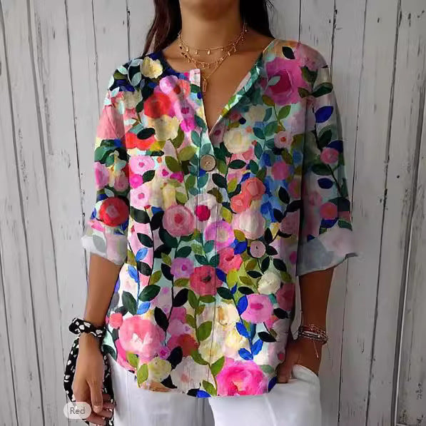Damen Lose Blumenmuster Leinenlook Bluse Tunika mit V-Ausschnitt und Dreiviertelärmeln – Élovi