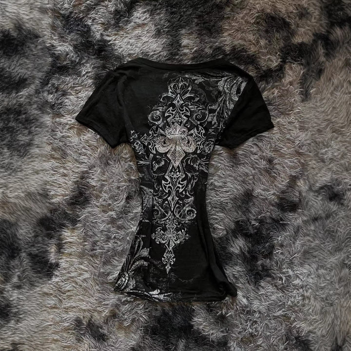 Damen Elegantes V-Ausschnitt T-Shirt mit kunstvollem Design Echo Archiv