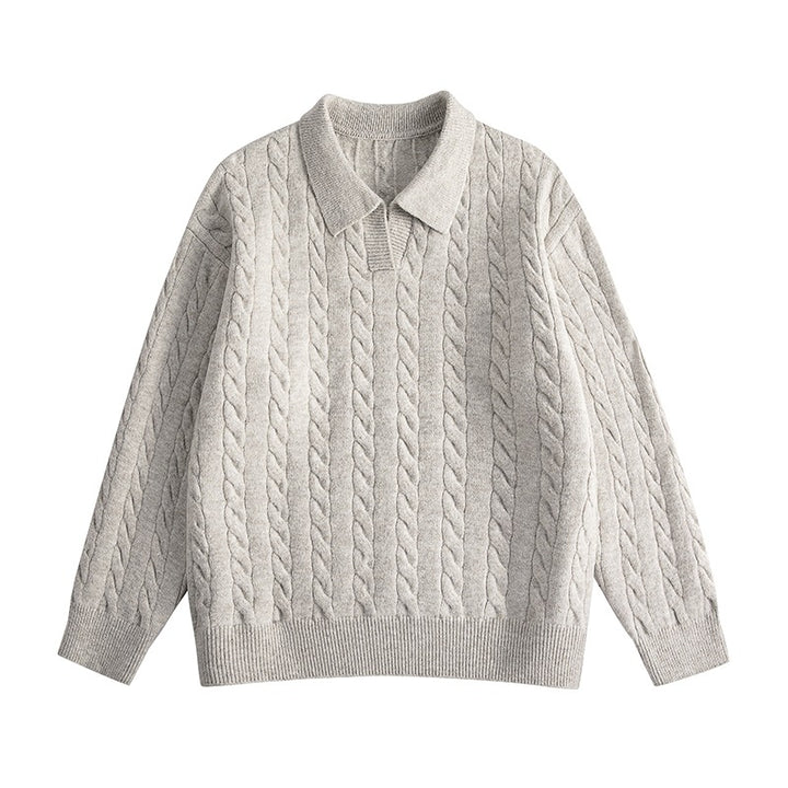 Damen Oversize Kabelstrick-Polo-Pullover mit V‑Ausschnitt und geripptem Saum Echoarchiv