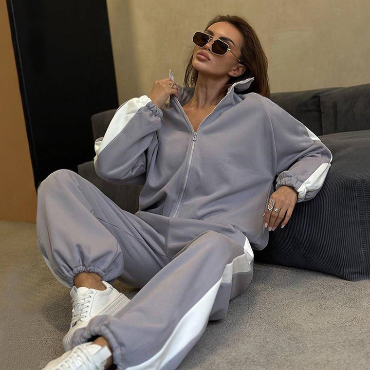 Damen Velours-Loungewear-Set mit Stehkragen, Zip-Jacke und weitem Palazzo-Hosenbein – Élanora
