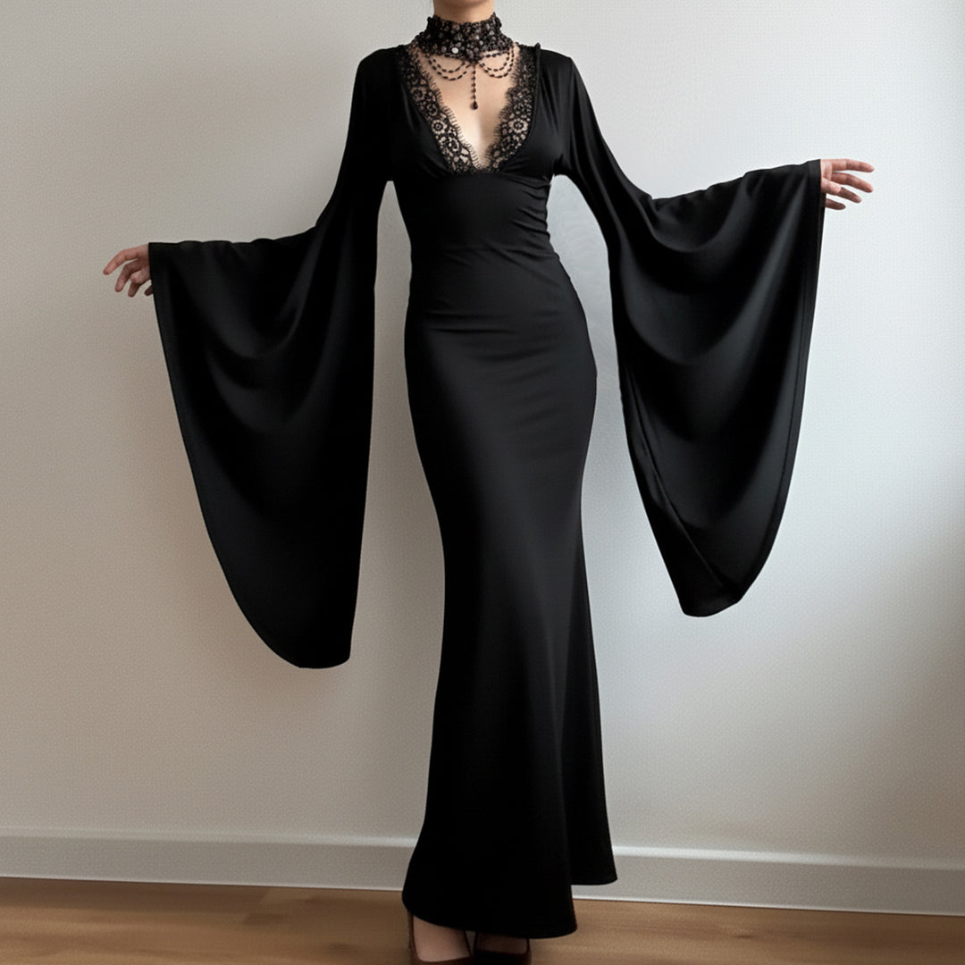 Damen Maxikleid mit tiefem V-Ausschnitt, Spitzenbesatz und dramatischen Wasserfallärmeln Echo Archiv
