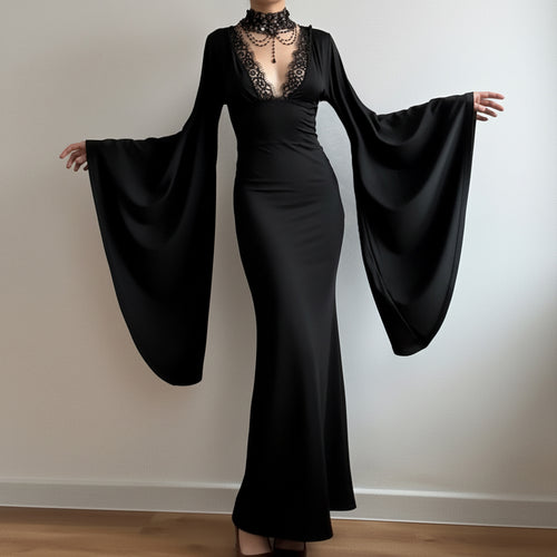 Damen Maxikleid mit tiefem V-Ausschnitt, Spitzenbesatz und dramatischen Wasserfallärmeln Echo Archiv