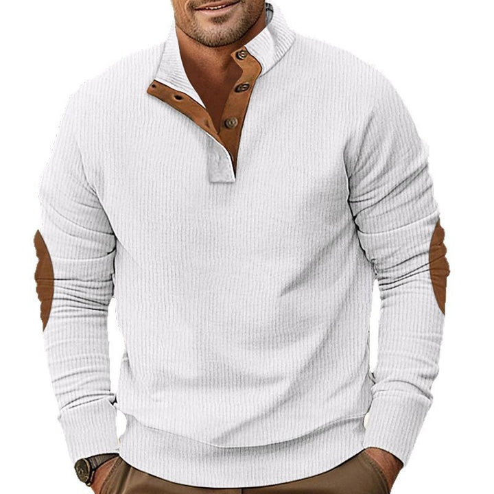 Herren nan geripptes Henley-Langarmshirt mit Stehkragen und Leder-Ellbogenpatches Echo Archiv