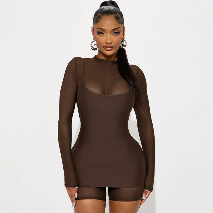 Damen Figurbetontes Langarm-Minikleid mit transparenten Einsätzen Echo Archiv