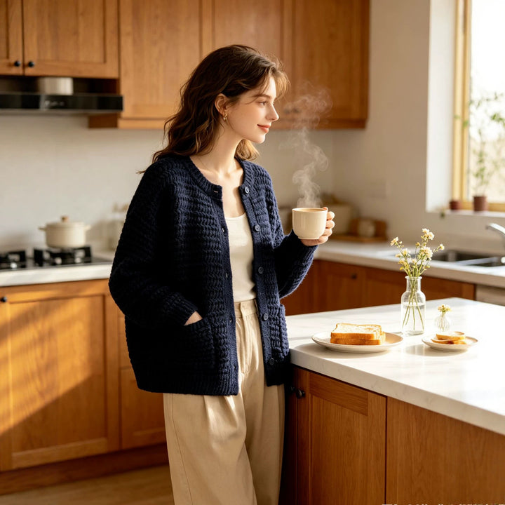 Damen Grobgestrickter Oversize-Cardigan mit Knopfleiste und aufgesetzten Taschen Echoarchiv