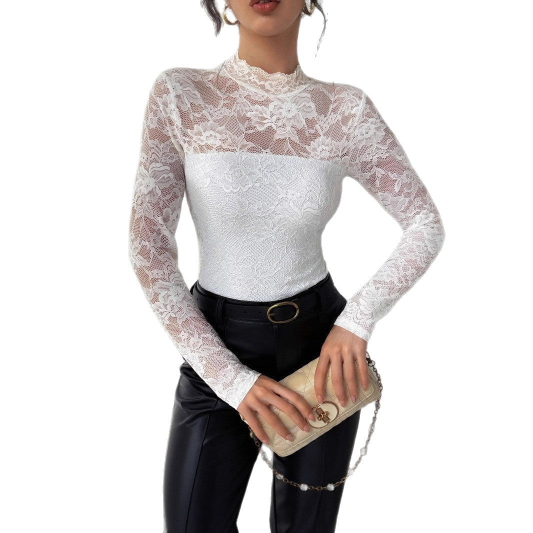 Damen Elegantes Spitzenoberteil mit hochgeschlossenem Kragen und langen Ärmeln Echoarchiv
