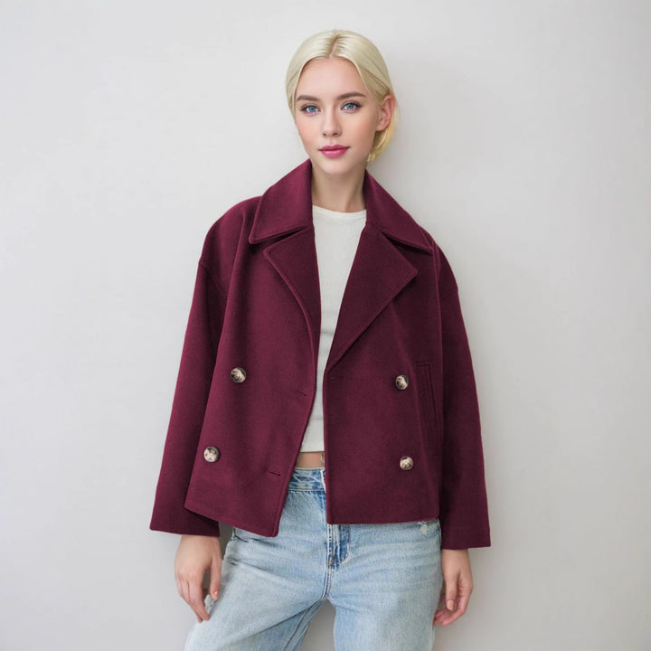 Damen nan kurzes doppeltreihiges Wollmix-Manteljacke im Boxy-Cut mit weitem Reverskragen Echo Archiv