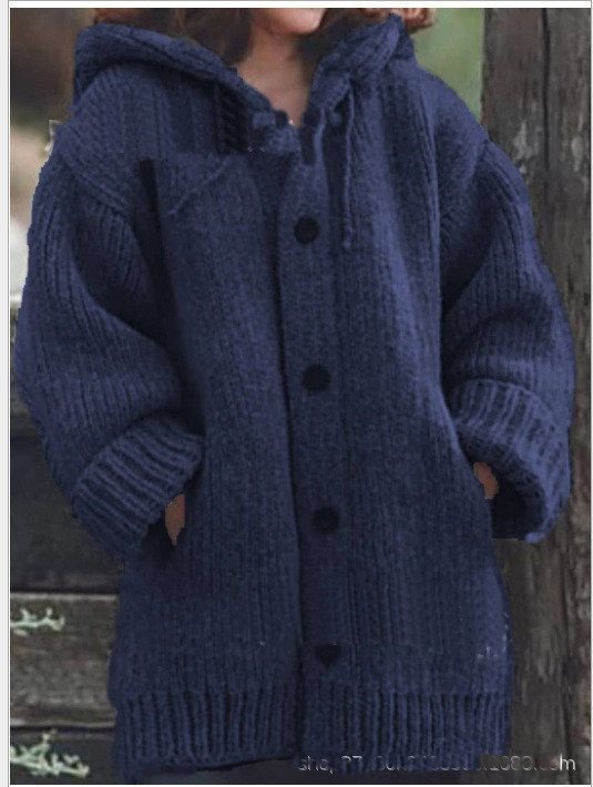 Damen weit geschnittener Kapuzen-Strickmantel mit Knopfleiste und Eingrifftaschen Echo Archiv