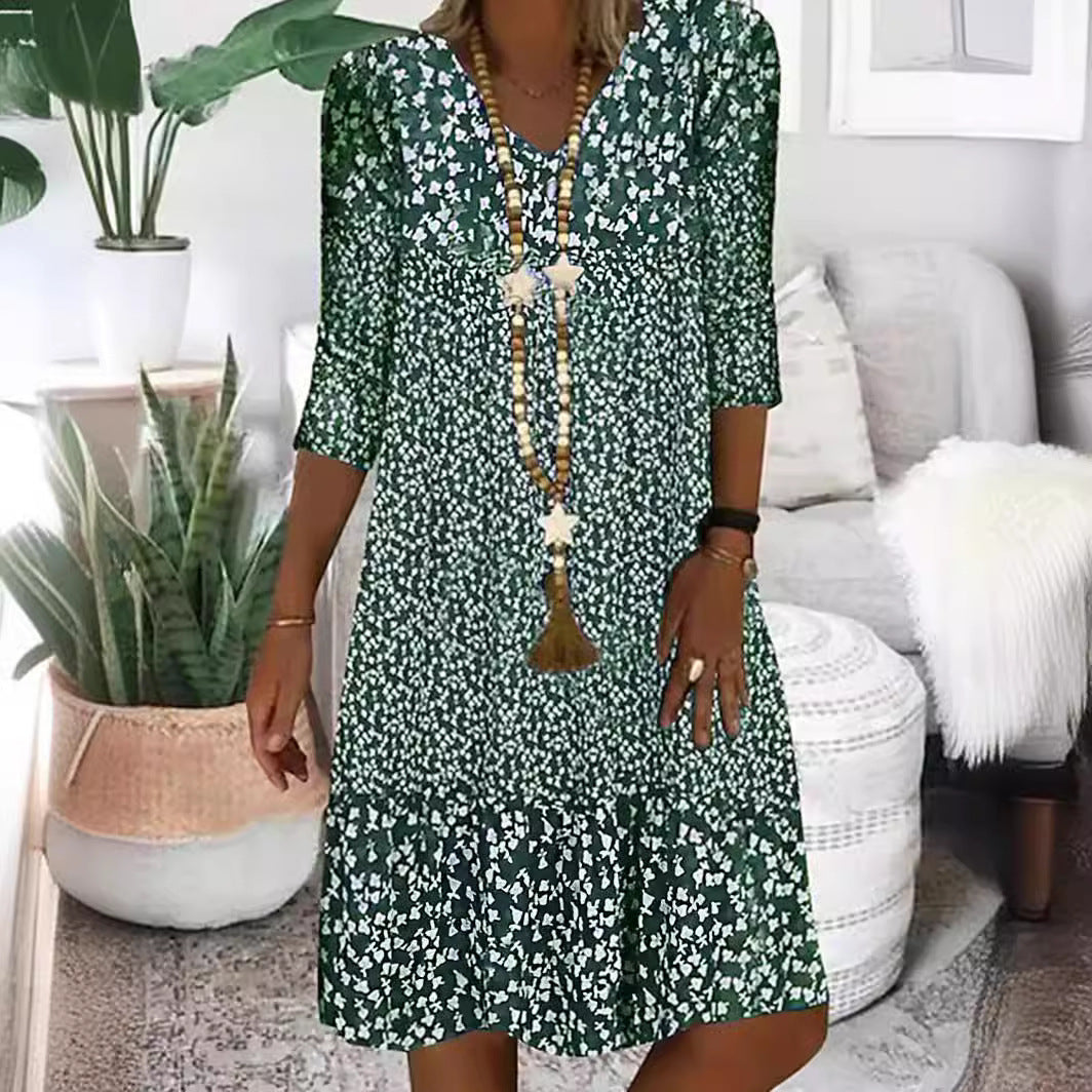 Damen Freizeit Stufen Kleid mit V-Ausschnitt und drei Viertel Ärmeln im floralen Allover-Druck – Lunéa