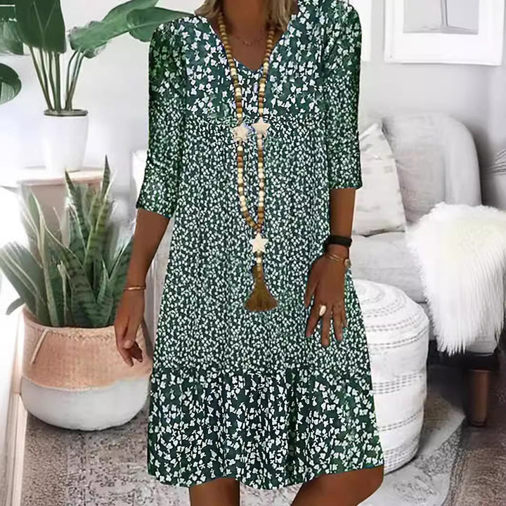Damen Freizeit Stufen Kleid mit V-Ausschnitt und drei Viertel Ärmeln im floralen Allover-Druck – Lunéa