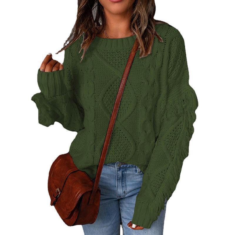 Damen Grobstrick-Pullover mit Zopfstruktur, fransigen Ärmeln und legerer Oversize-Passform Echo Archiv