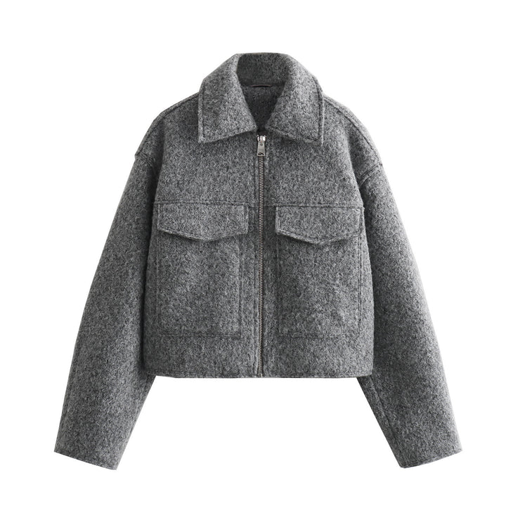 Damen Kurze Bouclé‑Jacke im Boxy‑Cut mit Reißverschluss und Pattentaschen Echo Archiv