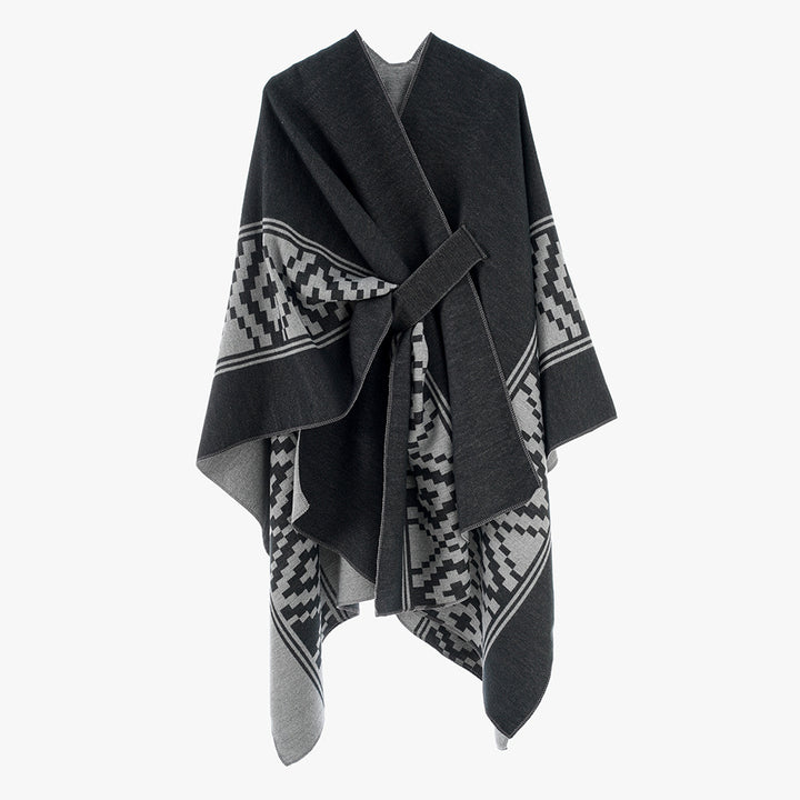 Damen Jacquard‑Ruana mit Bindegürtel und geometrischem Muster – Avérine
