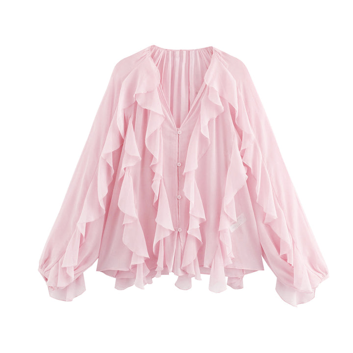 Damen nan feminine Chiffon-Volantbluse mit Ballonärmeln und V-Ausschnitt Echo Archiv