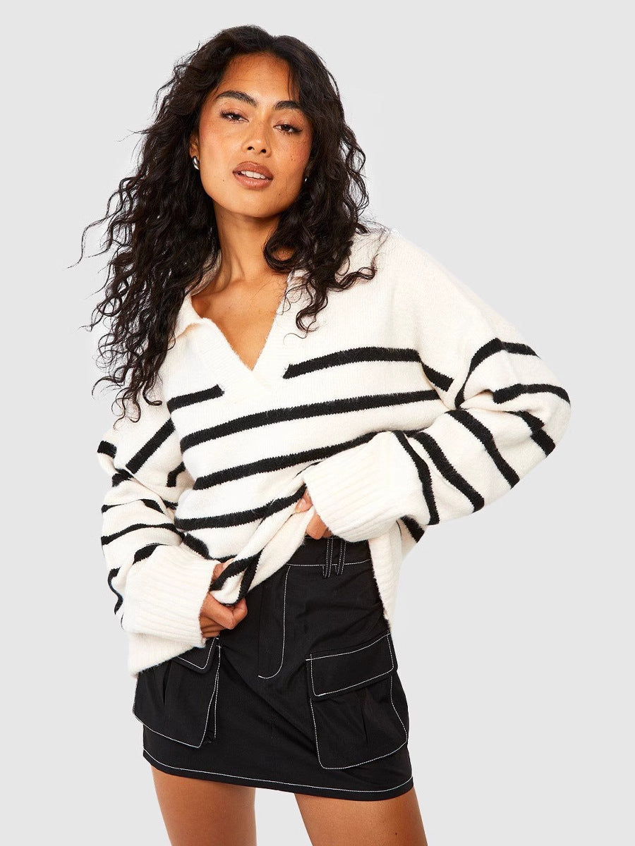 Damen Modischer Strickpullover mit V-Ausschnitt und Streifenmuster – Mavelle