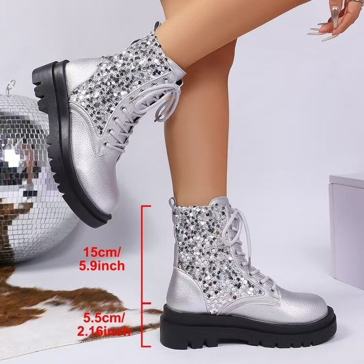 Damen glitzernde Schnür-Bikerboots mit robust profilierter Sohle und metallisch genarbter Oberfläche – Lioré