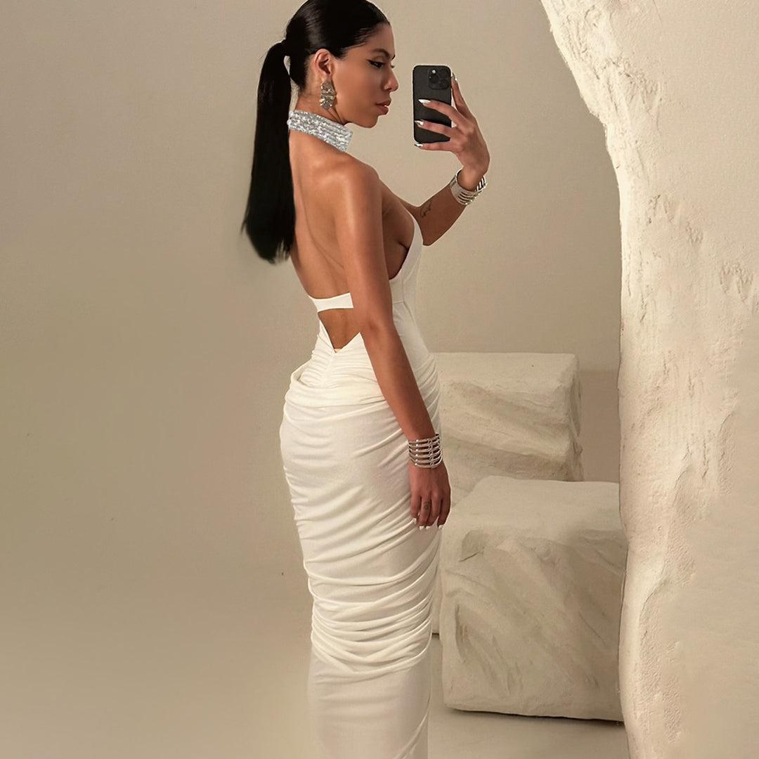 Damen Elegantes Maxikleid mit hochgeschlossenem Kragen und auffälligen Raffungselementen Echo Archiv