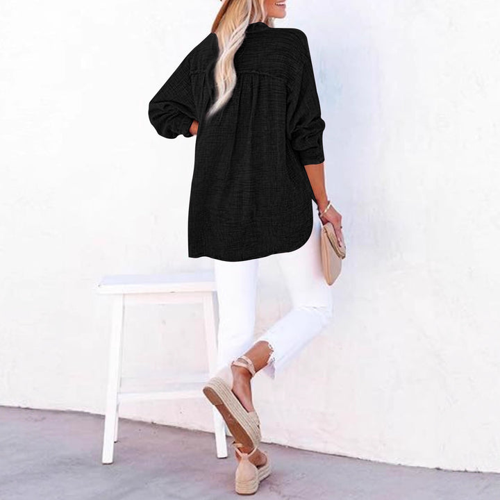 Damen Oversize Texturierte Baumwollbluse mit Henley-Knopfleiste Echoarchiv