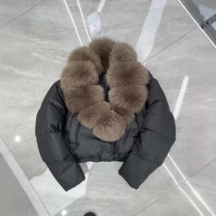 Damen nan kurz geschnittene Boxy-Pufferjacke mit extra großem Webpelzkragen und formstabilem Saum Echo Archiv