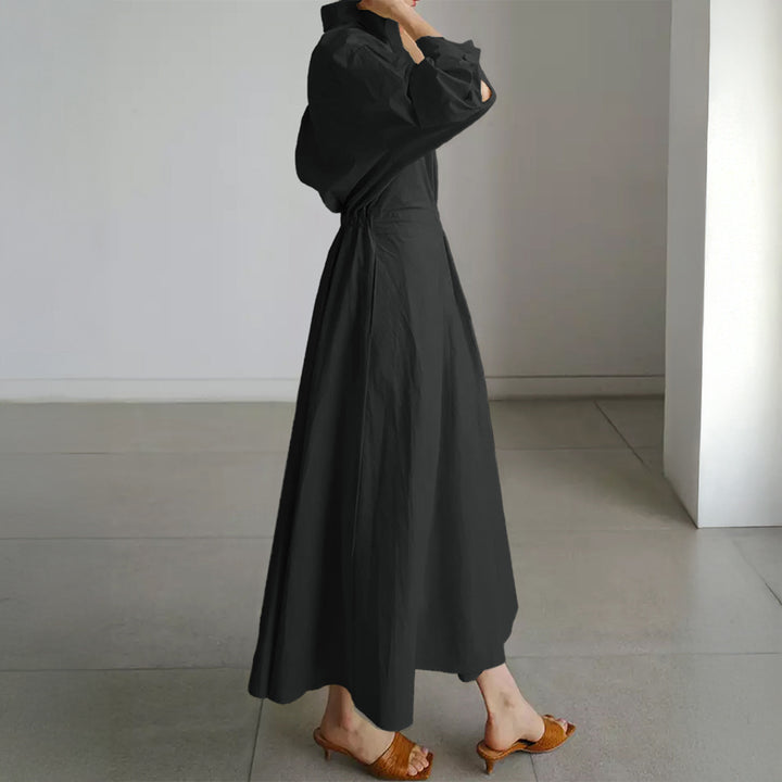 Damen tailliertes Hemdblusenkleid mit kastigem Kragen, mittellangen Ärmeln, Seitentaschen und ausgestelltem Tellerrock – Lunéa