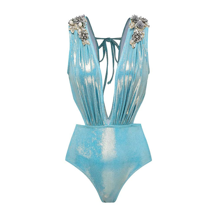 Damen Luxuriöser Schwimmanzug mit schulterfreien Rüschenträgern und passendem Maxirock Echo Archiv