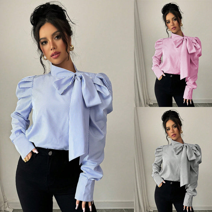 Damen Popeline-Bluse mit Stehkragen, großem Schleifenband und Ballonärmeln Echo Archiv