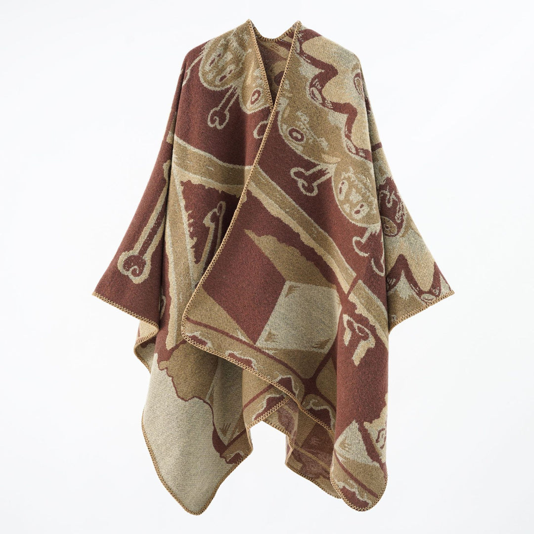 Damen Statement-Capeponcho aus jacquardgewebtem Wollmix mit Skull- und Knochenmuster Echo Archiv
