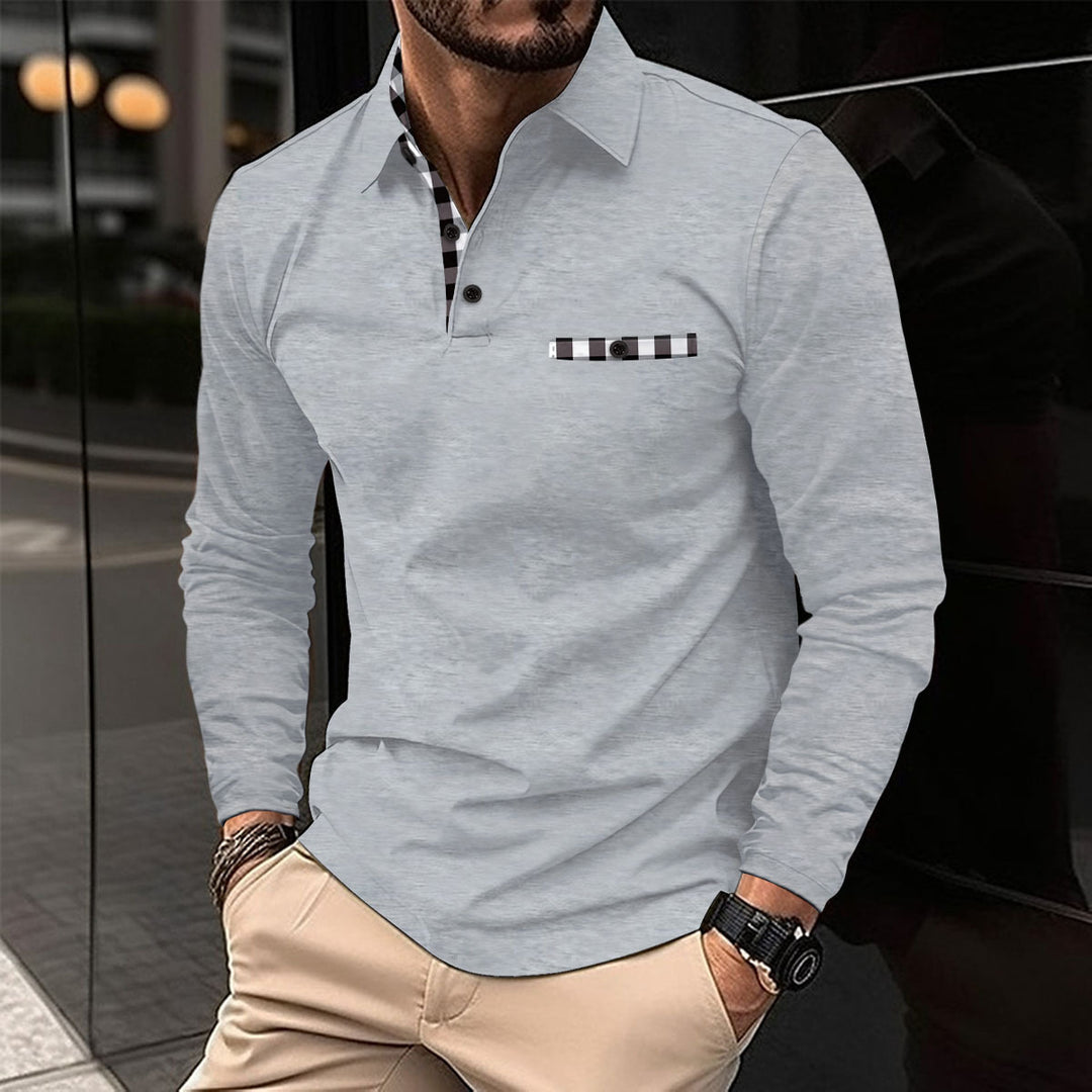 Herren modernes Langarm-Polohemd mit stilvollem Karodetail Echoarchiv