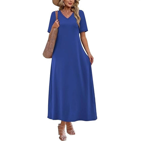 Damen Langes A-Linien-Maxikleid mit V-Ausschnitt, Kurzarm und Eingrifftaschen Echoarchiv