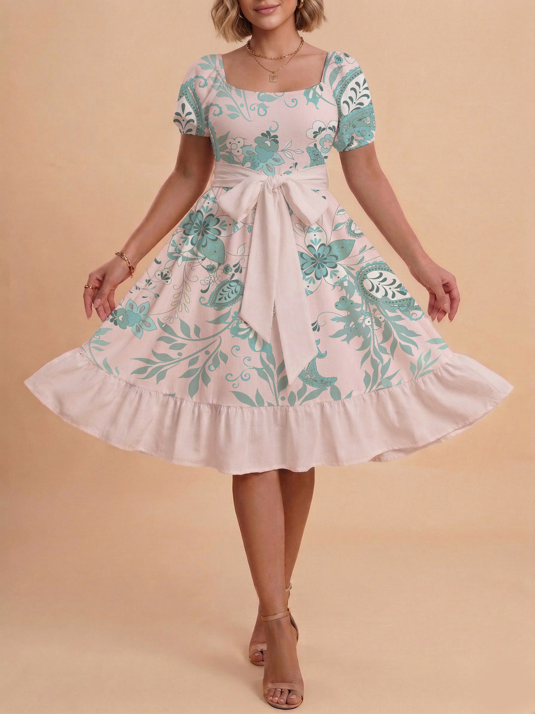 Damen A-Linien-Kleid mit floralen Motiven und taillierbarem Gürtel Echo Archiv