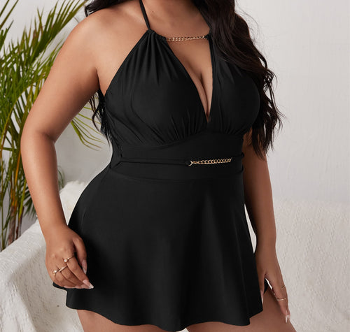 Damen Strandkleid mit tiefem V-Ausschnitt und dekorativem Ketten-Detail Echo Archiv