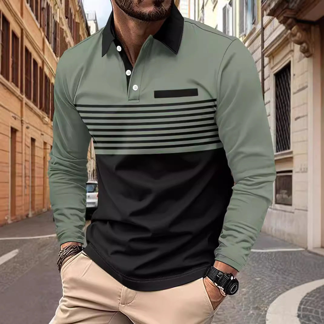 Herren nan langärmliges Poloshirt mit kontrastierendem Hemdkragen, dezenter Brustpaspel und feinem Streifenrelief Echo Archiv
