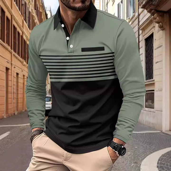 Herren nan langärmliges Poloshirt mit kontrastierendem Hemdkragen, dezenter Brustpaspel und feinem Streifenrelief Echo Archiv