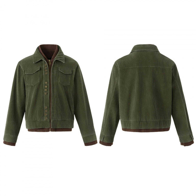 Herren Kastenförmige Cord-Blousonjacke mit doppelter Front, Pattentaschen und geripptem Saum Echo Archiv